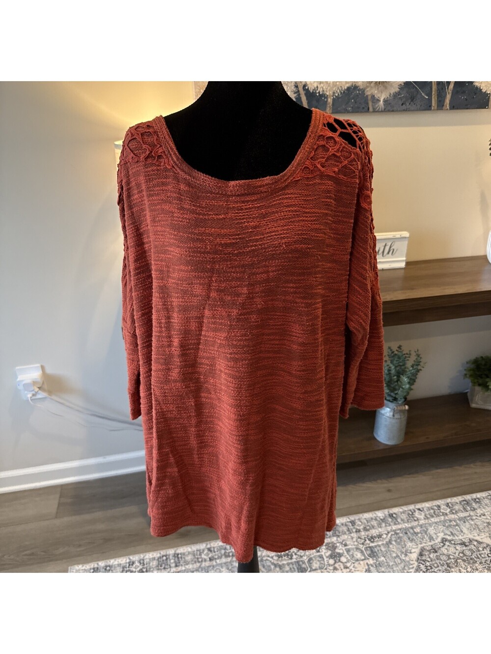 Maurice Plus Size 2 (20W) Round Neck Burnt Orange Crochet 3/4 Length Sleeve Top